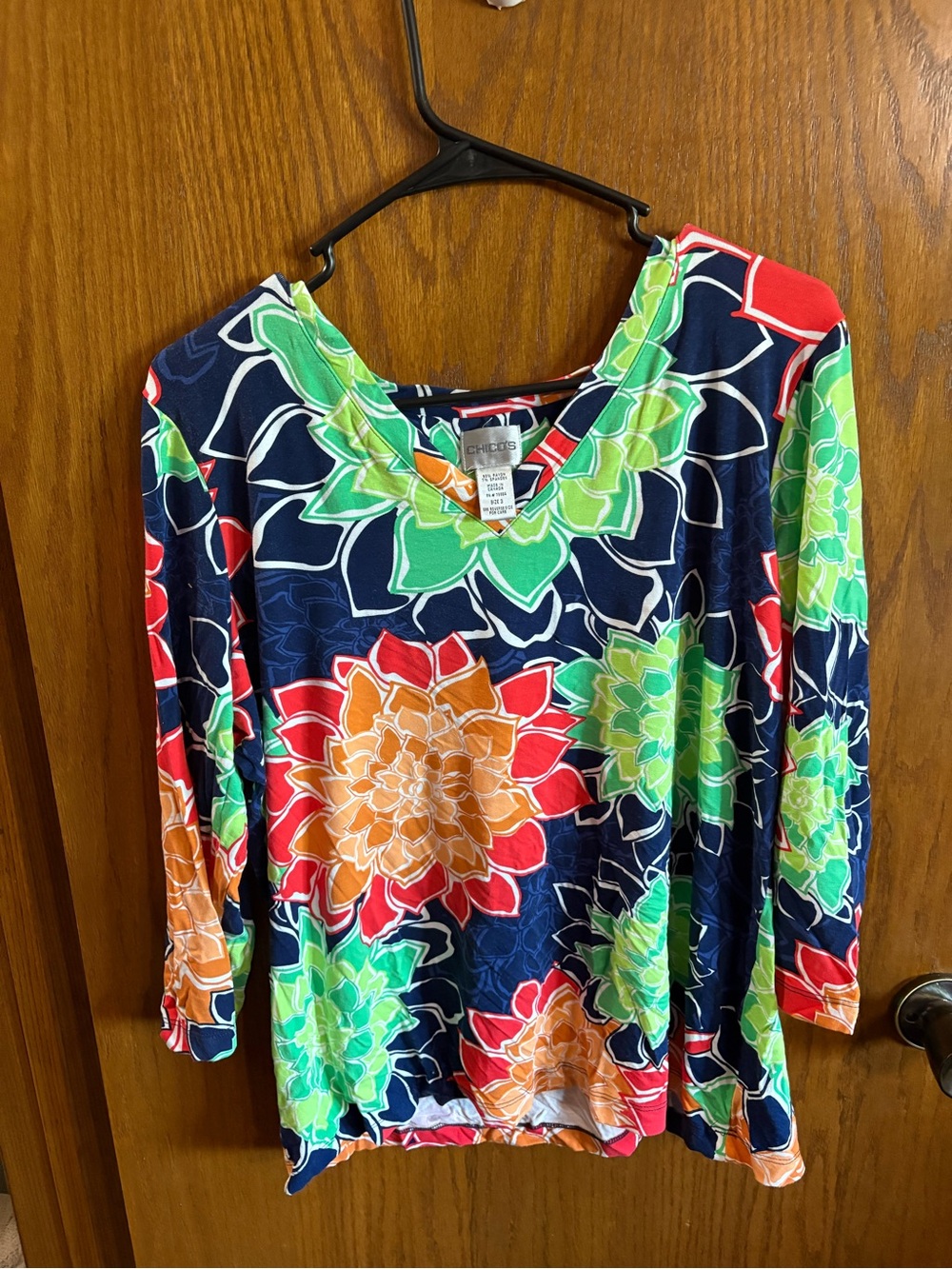 Vintage Navy Floral V-Neck Womens Top - Green, Red, Orange